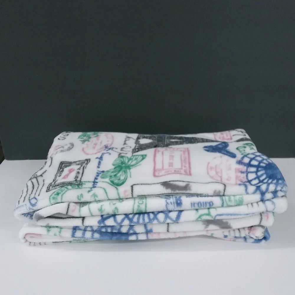 Paris Postmark Throw Blanket - White with Green, Blue & Pink Accents